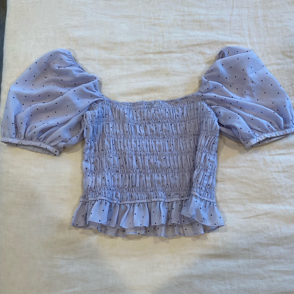 NSR Lavender Polka Dot Smocked Puff Sleeve Blouse Top